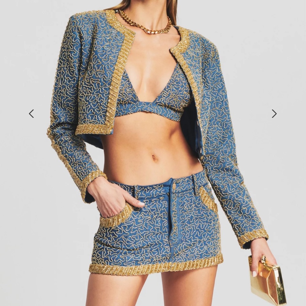 RETROFÊTE ALMA JACKET, MANI EMBELLISHED DENIM SKIRT, NINA TOP ALL 3 PIECES - Picture 3 of 14